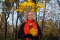 Smiling blond woman with yellow maple leaves standing in autumn park.