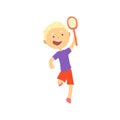 Smiling blonde boy playing tennis or badminton, kids physical activity cartoon vector Illustration Royalty Free Stock Photo