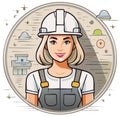 Smiling blonde construction worker in safety gear, with building elements, in circular frame, illustrative style Royalty Free Stock Photo