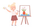 Smiling Blonde Girl Painting on Canvas with Palette and Brush, Little Artist Character Drawing on Easel with Paints Royalty Free Stock Photo