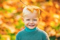 Smiling blonde kid hold autumn leafs in the nature. Autumn kid, cute child with fallen leaves in autumn park. Yellow Royalty Free Stock Photo