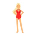 Smiling blonde lifeguard girl character in a red swimsuit on duty Illustration