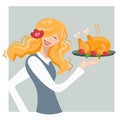 Smiling blonde waitress serves roasted turkey on a tray. A girl holds a plate with a celebratory dinner for Thanksgiving