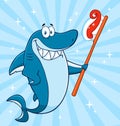 Smiling Blue Shark Cartoon Mascot Character Holding A Toothbrush With Paste Royalty Free Stock Photo