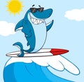 Smiling Blue Shark Cartoon Mascot Character With Sunglasses Surfing And Waving Over Wave Royalty Free Stock Photo