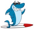 Smiling Blue Shark Cartoon Mascot Character With Sunglasses Surfing And Waving.