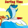 Smiling Blue Shark Cartoon Mascot Character With Sunglasses Surfing And Waving. Royalty Free Stock Photo