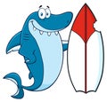 Smiling Blue Shark Cartoon Mascot Character With Surfboard Royalty Free Stock Photo