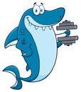 Smiling Blue Shark Cartoon Mascot Character Training With Dumbbells.