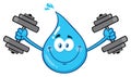 Smiling Blue Water Drop Cartoon Character Training With Dumbbells.