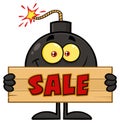 Smiling Bomb Cartoon Mascot Character Holding Sale Wooden Sign