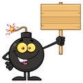 Smiling Bomb Cartoon Mascot Character Holding A Wooden Blank Sign