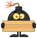 Smiling Bomb Cartoon Mascot Character Holding Wooden Blank Sign