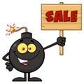 Smiling Bomb Cartoon Mascot Character Holding A Wooden Sale Sign