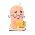 Smiling Bookworm Sitting and Reading Book Vector Illustration. Wise Cartoon Creature Wearing Glasses Royalty Free Stock Photo