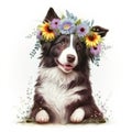 Smiling border collie puppy dog in a floral crown made of spring flowers. Cartoon character for postcard, birthday, nursery decor