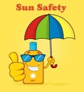 Smiling Bottle Sunscreen Cartoon Mascot Character With Sunglasses And Umbrella Giving A Thumbs Up Royalty Free Stock Photo