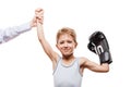 Smiling boxing champion child boy gesturing for victory triumph Royalty Free Stock Photo