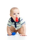 Smiling boy baby with musical toys. on white background Royalty Free Stock Photo