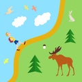 Boy walks through Forest. Elk, hare and birds. Vector color image.