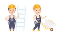 Smiling Boy Builder in Hard Hat and Overall Carrying Ladder and Pushing Wheelbarrow Vector Set