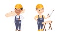 Smiling Boy Builder in Hard Hat and Overall Carrying Timber Bar and Sawing Wood Vector Set