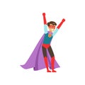 Smiling boy character dressed as a super hero standing with his hands raised cartoon vector Illustration Royalty Free Stock Photo