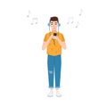 Smiling boy with closed eyes in headphones standing, holding player and listening to music. Cute male cartoon character