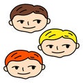 Smiling boy face with blonde, brown and red hair. Doodle boy head illustration on white background