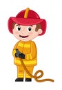 Smiling boy in fireman uniform with hose