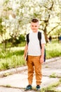 Smiling boy first-grader with backpack and book goes to school Royalty Free Stock Photo