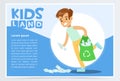 Smiling boy gathering plastic waste for recycling, kids land banner