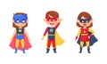 Smiling Boy and Girl Character in Superhero Costume and Cloak Standing Ready to Save the World Vector Illustrations Set Royalty Free Stock Photo