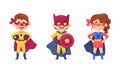 Smiling Boy and Girl Character in Superhero Costume and Cloak Standing Ready to Save the World Vector Illustrations Set Royalty Free Stock Photo