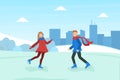 Smiling Boy and Girl Dressed in Warm Clothing Skating on Rink, Winter Sports Outdoor Activity Vector Illustration Royalty Free Stock Photo