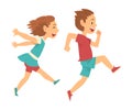 Smiling Boy and Girl Running Together, Happy Kids Having Fun Cartoon Vector Illustration Royalty Free Stock Photo