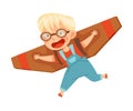 Smiling Boy in Goggles Flying and Piloting with Improvised Fake Aircraft Vector Illustration