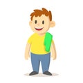 Smiling boy with a green towel over his shoulder, cartoon character design. Flat vector illustration, isolated on white