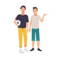 Smiling boy with hearing impairment holding soccer ball and standing together with his friend. Deaf young man or