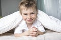 Smiling boy hiding in bed under a white blanket or coverlet. Royalty Free Stock Photo