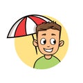 Smiling boy hiding from sun under beach umbrella. Sunbathing and protection. Flat design icon. Colorful flat vector Royalty Free Stock Photo