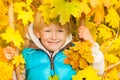 Smiling boy hiding in yellow autumn leaves Royalty Free Stock Photo