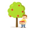 Smiling boy holding a box full of apples standing under the apple tree. Flat vector illustration, isolated on white Royalty Free Stock Photo