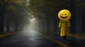 Eerie Street Art: Smiley Face Balloon In A Yellow Mask Royalty Free Stock Photo