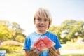 Smiling boy holding watermelon in the park Royalty Free Stock Photo