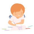 Smiling Boy Lying on his Stomach and Drawing Picture with Colorful Pencils, Cute Young Artist Cartoon Character, Kids Royalty Free Stock Photo