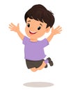 Smiling boy makes a jump. Pretty cartoon character.