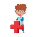 Smiling Boy in Medical Wear Standing and Holding Red Cross Vector Illustration