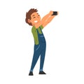 Smiling Boy in Overalls Taking Selfie Photo, Cute Child Character Photographing Himself with Smartphone Cartoon Vector