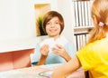 Smiling boy playing game with cards Royalty Free Stock Photo